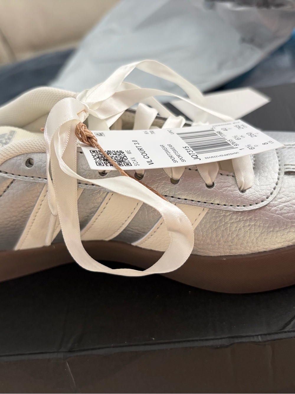 adidas Women's Metallic Gray & White Sneakers with Brown Gum Sole - Picture 4 of 6